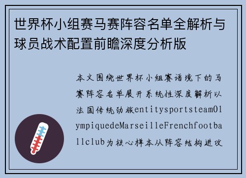 世界杯小组赛马赛阵容名单全解析与球员战术配置前瞻深度分析版
